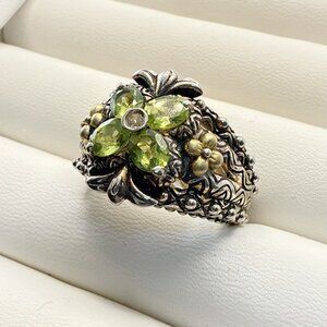 Barbara Bixby Ring 18K Gold Sterling Silver Peridot Green Flower Floral Size 8